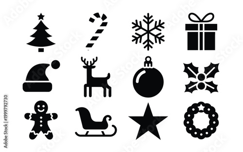 Black christmas icons set including tree gift reindeer and ornaments on white background for holiday decoration