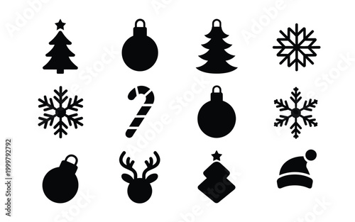 Fotografie Black christmas icons set including trees ornaments snowflakes candy cane reinde