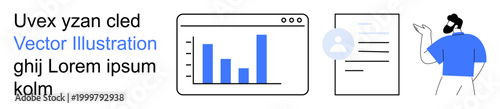Data visualization, analytics, business services, project planning, digital reports, workflow presentation. Bar chart in a browser window, document and person illustration. Data visualization