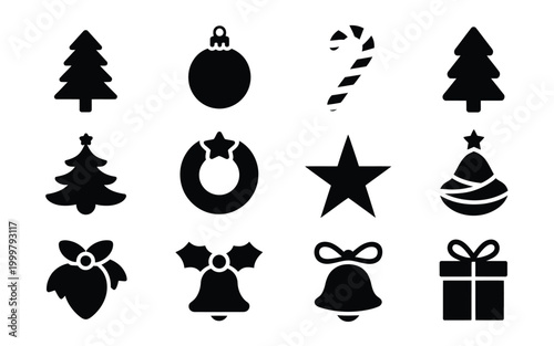 Black christmas icons set including tree ornament candy cane star bell gift and holly on white background for holiday design