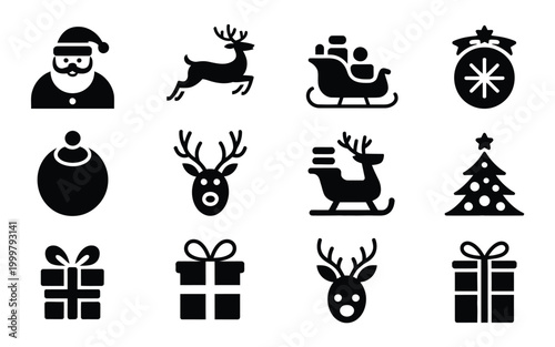 Christmas icons set including santa claus reindeer sleigh gifts and tree on white background
