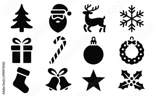 Black christmas icons set including tree santa reindeer snowflake gift candy cane ornament wreath stocking bells star and holly on white background for holiday decoration