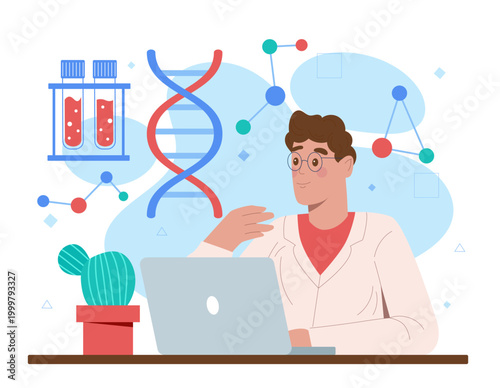 Scientist at laptop with DNA. Vector illustration