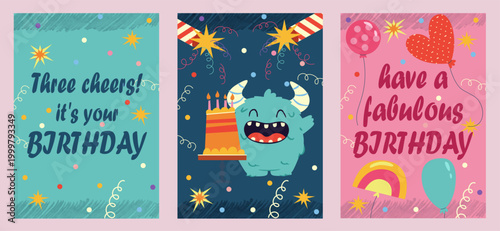 Birthday greeting cards set. Vector illustration