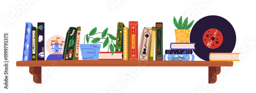Shelf with books and plants.. Vector illustration