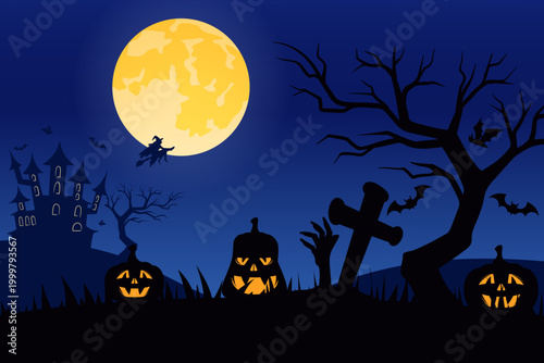 Halloween night scene. Vector illustration