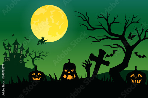 Halloween night scene with moon. Vector illustration