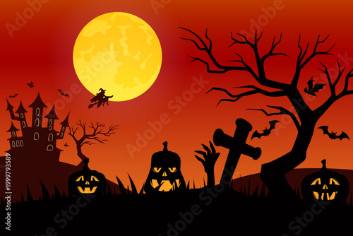 Halloween night scene. Vector illustration