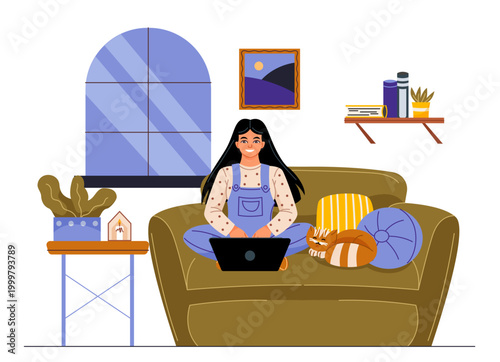 Woman on sofa with laptop. Vector illustration