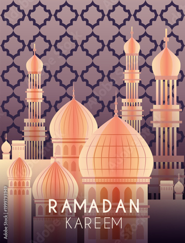Ramadan cityscape at dusk. Vector illustration