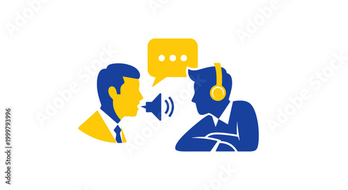 Two businessmen communicating with megaphone and headset.