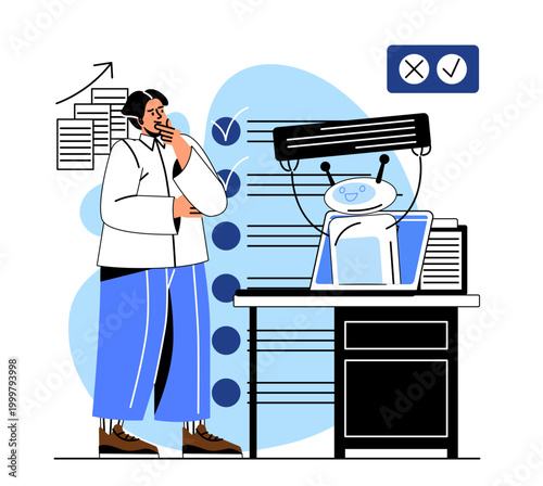 AI assistant helping worker. Vector illustration