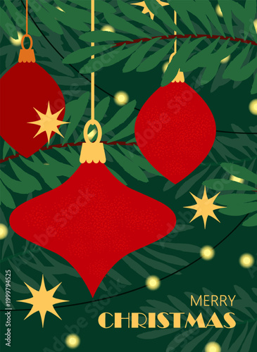 Red ornaments on tree. Vector illustration