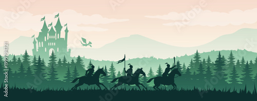 Fantasy riders and castle. Vector illustration