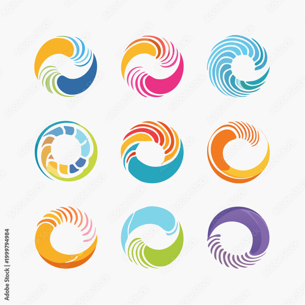 Fototapeta premium Collection of vibrant circular abstract logos depicting dynamic motion, connectivity, and digital innovation concepts, ideal for branding and modern graphic design projects