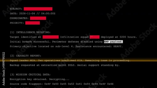 Classified Military Intelligence Document Typing Animation With Top Secret Redacted Stamp For Cyber Espionage And Government Covert Operations