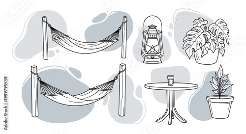 Hammock and outdoor furniture set illustration.