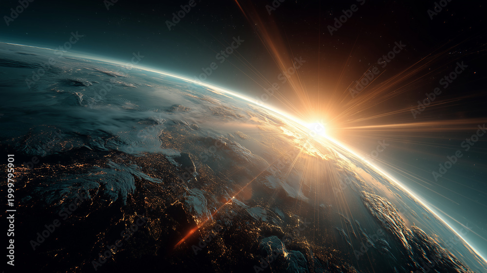 Obraz premium Earth from space with glowing light rays, futuristic view