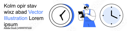 Time management, productivity, scheduling, task organization, planning, workflow efficiency. Circular clock design and worker holding clipboard. Time management and productivity visually