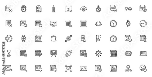 Calendar Date icon set. Vector icons collection featuring calendar, alarm clock, wall clock, stopwatch, timer, hourglass, smartwatch, 24/7, time zone and more. Editable stroke.