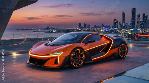 Vibrant orange sports car with neon lights parked overlooking city skyline at sunset