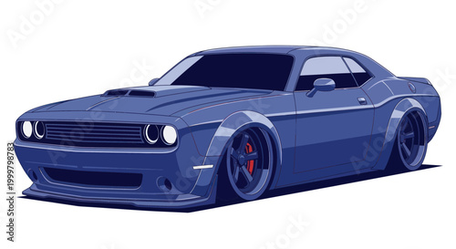 Dark blue muscle car front view.