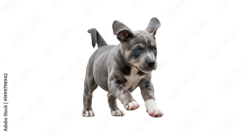 Fototapeta premium Small gray Schnauzer puppy standing alone.