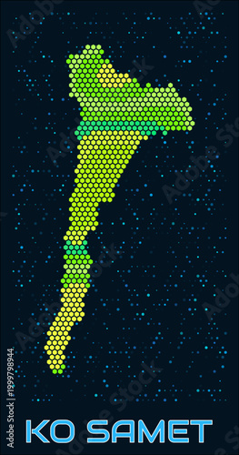 Ko Samet hexagon dots map. Thailand. Digital style shape of the island. Ko Samet map and title. Tiny green colored hexagons, sparse blue dots at background. Vector Illustration.