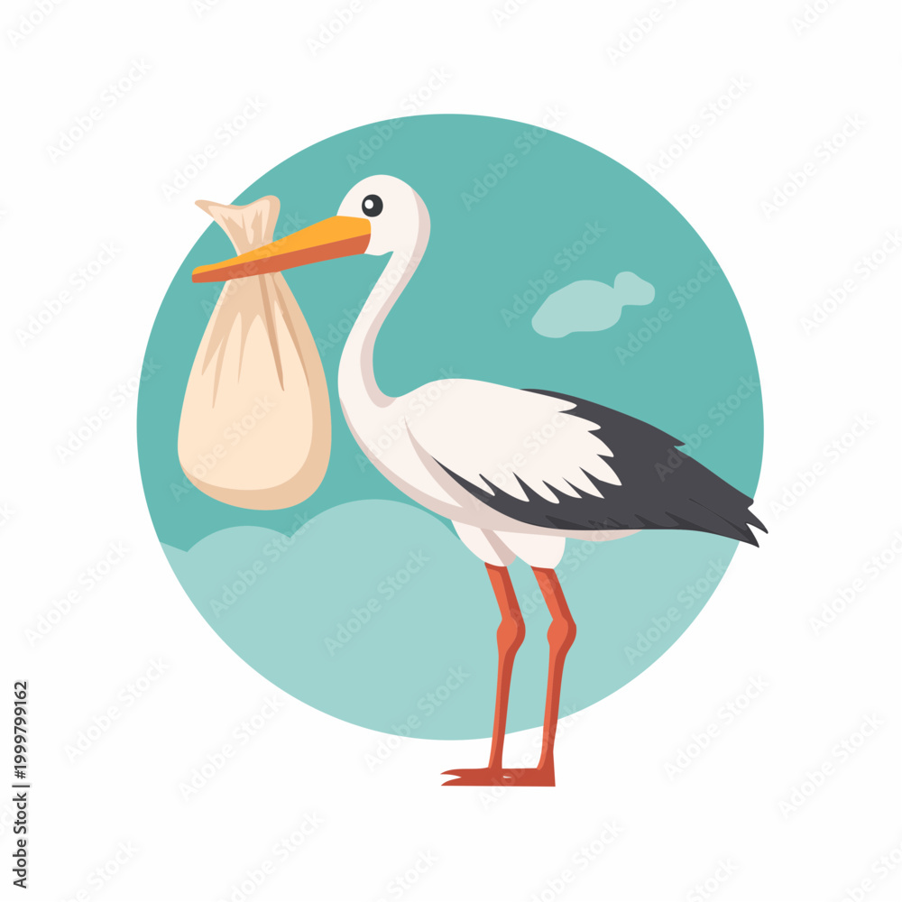 Fototapeta premium Stork Delivering Baby in a Bundle
