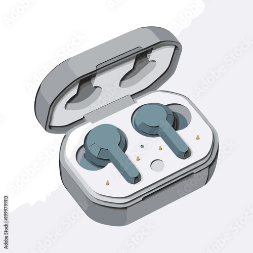 Open case with geometric wireless earbuds inside