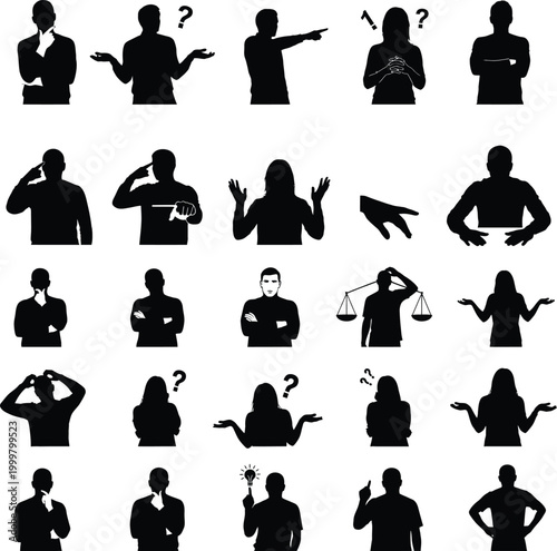 Confused and questioning people silhouettes: expressing doubt uncertainty problem-solving gestures