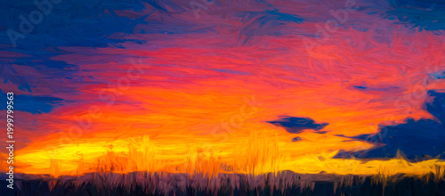 Bright, fiery colors of a sunset blend into darkening blue skies above. Intense hues create a striking visual contrast with fluid brush-like strokes.