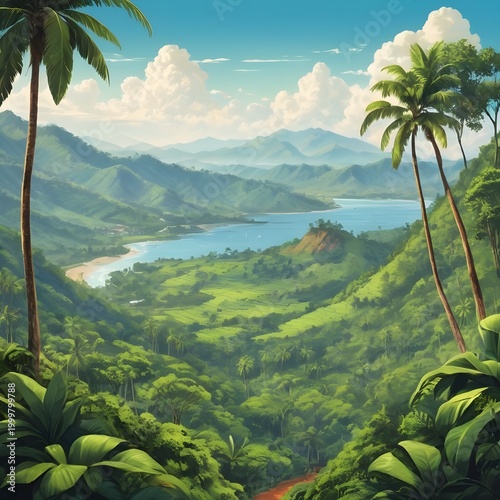 Tropical Coastal Landscape with Mountains and Turquoise Shoreline