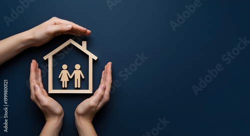 Hands holding a model home on a blue background, symbolizing sustainable homeownership and investment success