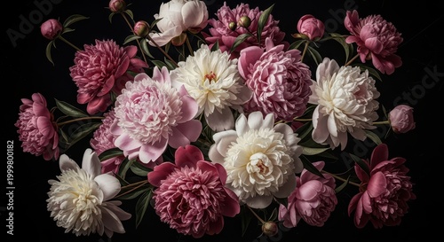 A beautiful bouquet of pink and white peonies on a black background with lush green stems and leaves
