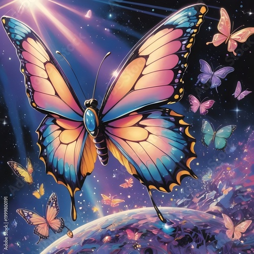 Cosmic Butterfly Flying in Surreal Space Scene