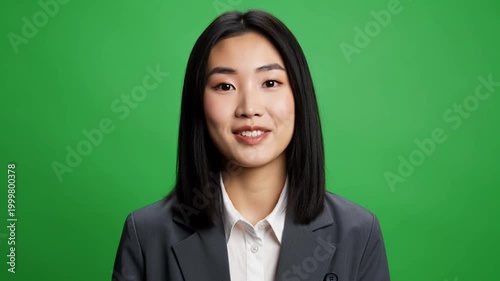 Portrait of a young Asian businesswoman in a gray suit and white shirt against a green background with a neutral expression.