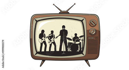 Vintage Television Showing Rock Band Performance.