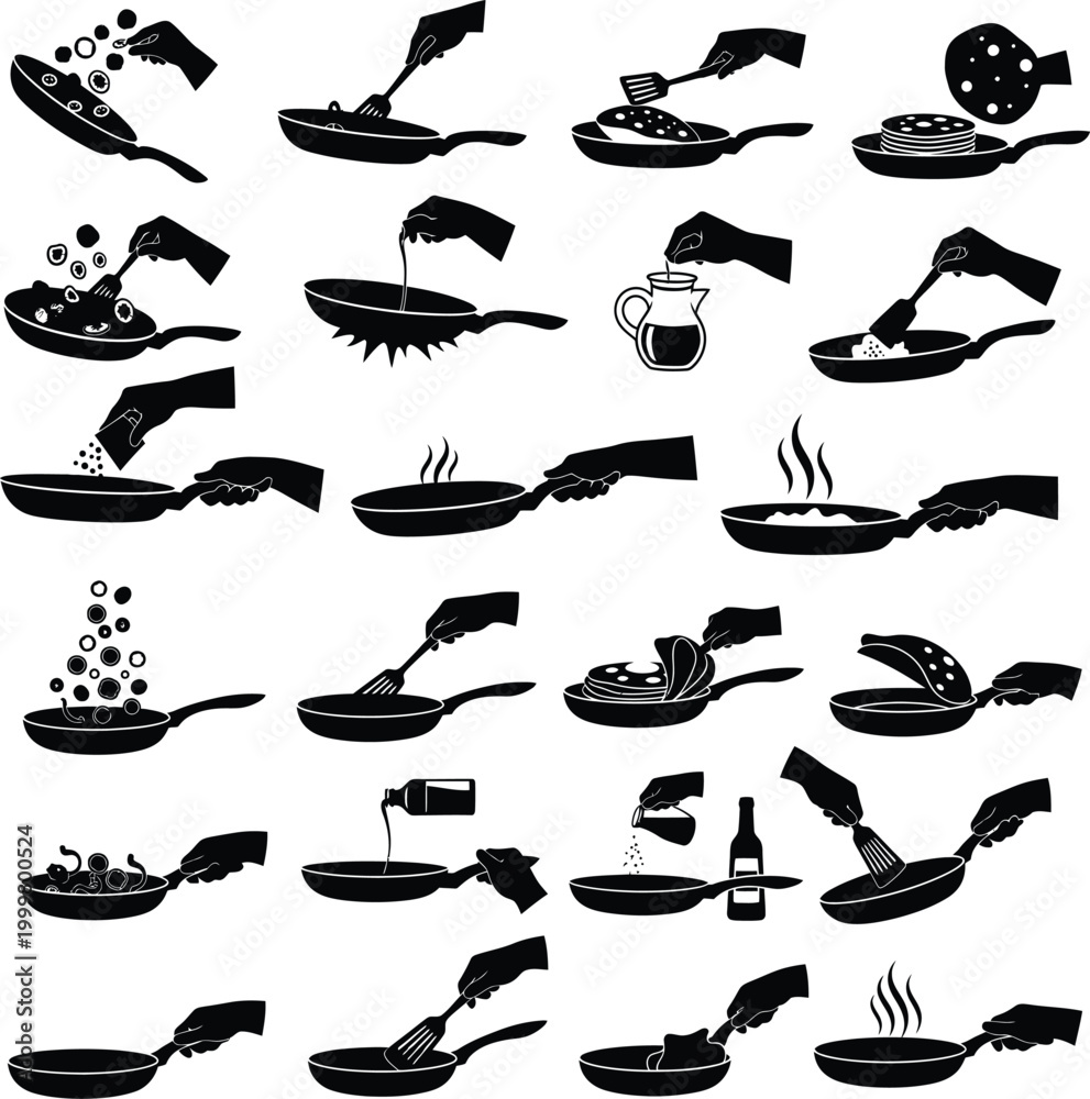 Obraz premium Hands preparing food in pans: detailed silhouette icons of cooking activities with food preparation