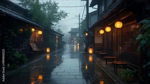 Cinematic Rainy Japanese Alley With Warm Lantern Light Reflections Traditional Street No People Atmospheric Scene