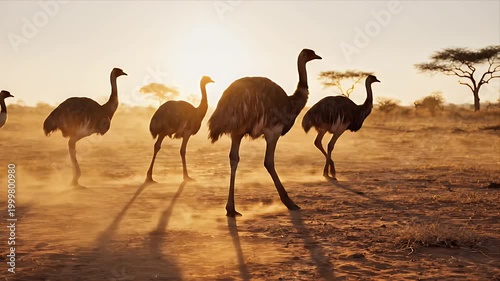 Herd of Emus Walking Across Dry African Savannah During Golden Hour Sunset