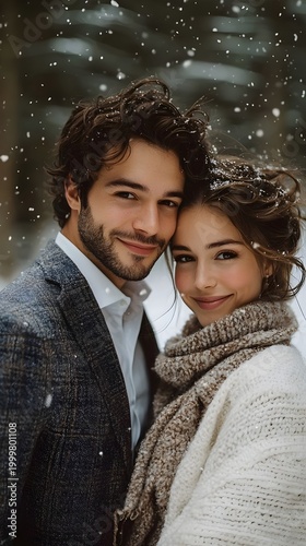 A stylish couple sharing an intimate moment in a snowy scene, bundled in cozy winter layers; soft snowfall and a moody, romantic atmosphere.