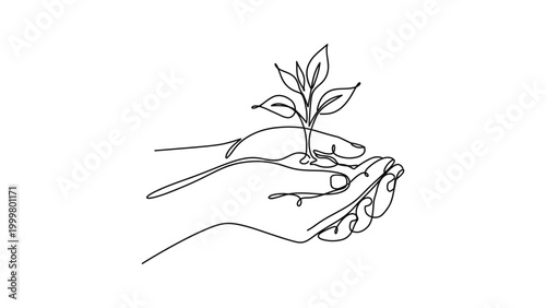 A hand cradling a small green plant.