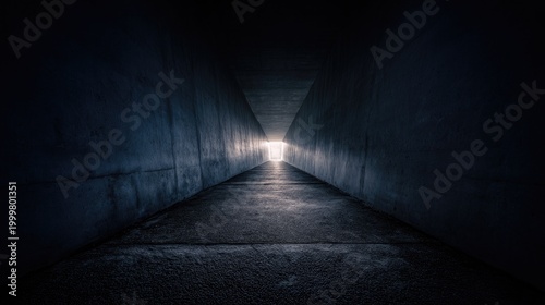 passageway. A long dark tunnel with rough concrete walls and a distant point of light. travel magazines, destination branding, designed for outdoor magazines and nature guides.