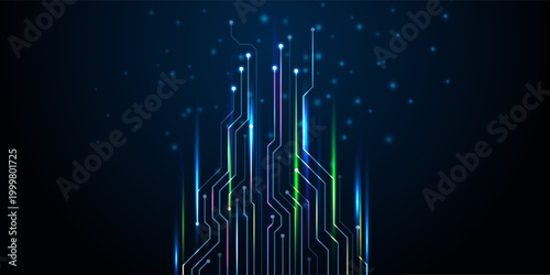 Blue glowing lines with glitter light effect on dark background. High speed internet technology concept or fast wireless data transmission. modern internet network connection technology background
