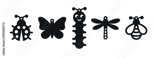 Cute insects designs for earrings, pendant or keychain with ladybug, butterfly, caterpillar, dragonfly and bee. Jewelry cutting template. Laser cut with leather, wood or metal. Vector stencil