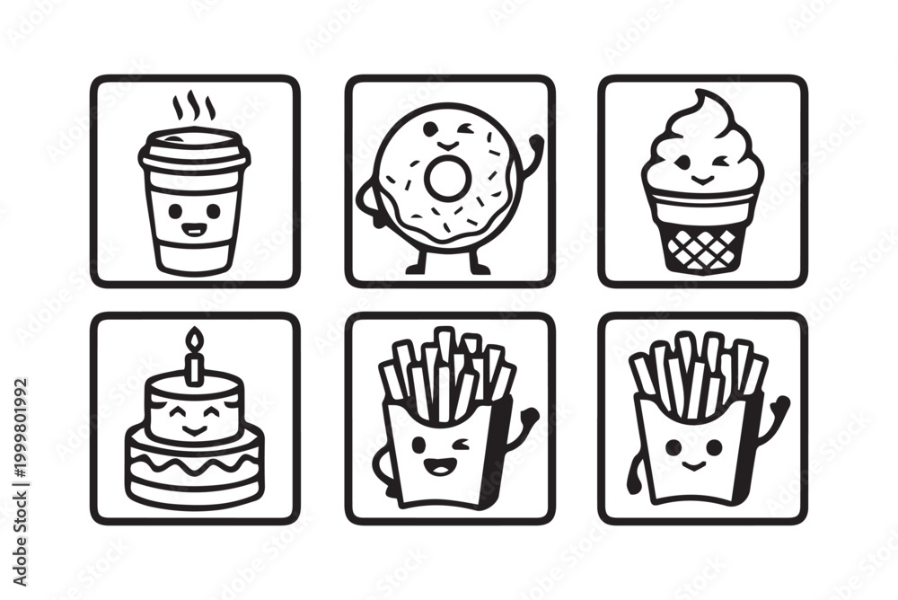 Obraz premium Cute Food Icon Set Burger Pizza Sushi Taco Ice Cream Bread Vector Collection – Perfect for Menu Design, App UI, and Kids Branding