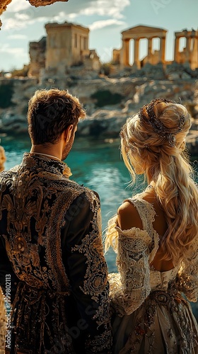 A stylish couple, a man and a woman, stand hand in hand at a historic seaside ruin, framed by golden hour light and turquoise water, exuding romance and adventure.
