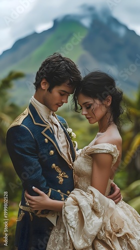 A young couple dressed in elegant period attire share a tender moment outdoors, with a misty mountain backdrop and lush greenery setting a romantic mood. They stand close, arms around each other
