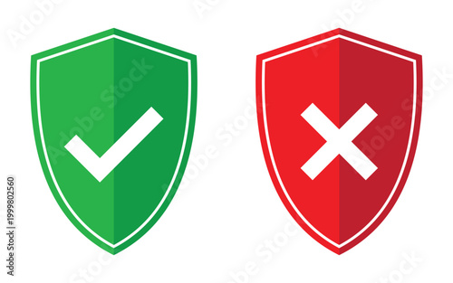 Two shields representing approval and disapproval, perfect for signifying correct or incorrect status. This graphic is ideal for concepts like security, verification, or decision making.
